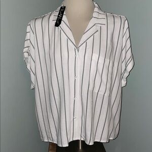 Velvet Heart White and Blue Striped Button-Down Shirt. Linen/Cotton Blend XL NWT